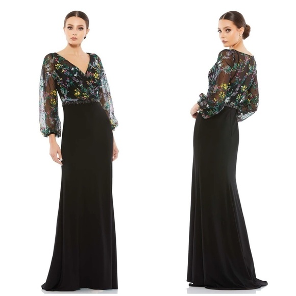 MAC DUGGAL Embroidered Illusion Puff Sleeve Column Gown - Picture 1 of 5